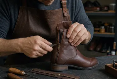 Profissional consertando o zíper de uma bota em São José.