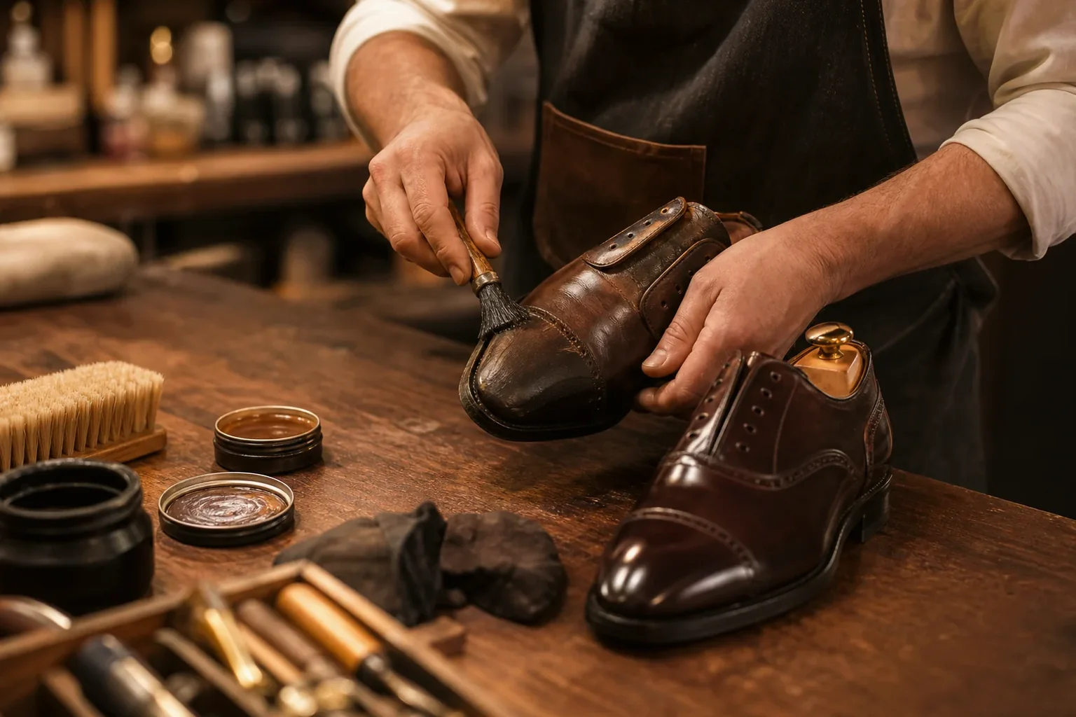 Sapateiro reformando sapatos sociais em São José.
